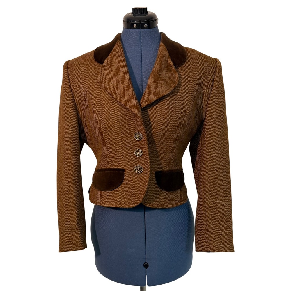 Vtg Precis Brown Herringbone Wool Crop Blazer Velvet Trim Academia England M Pet